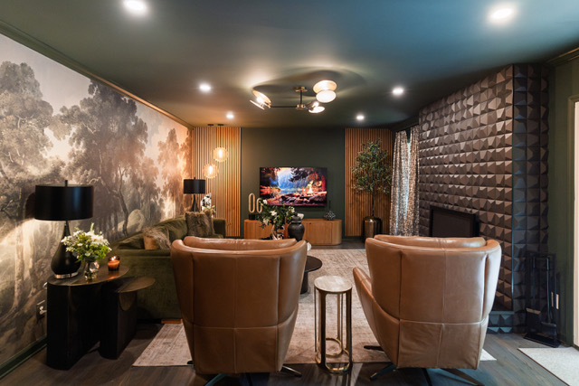 living room fire place mid-century modern interior design sandy springs by Century Park Interiors